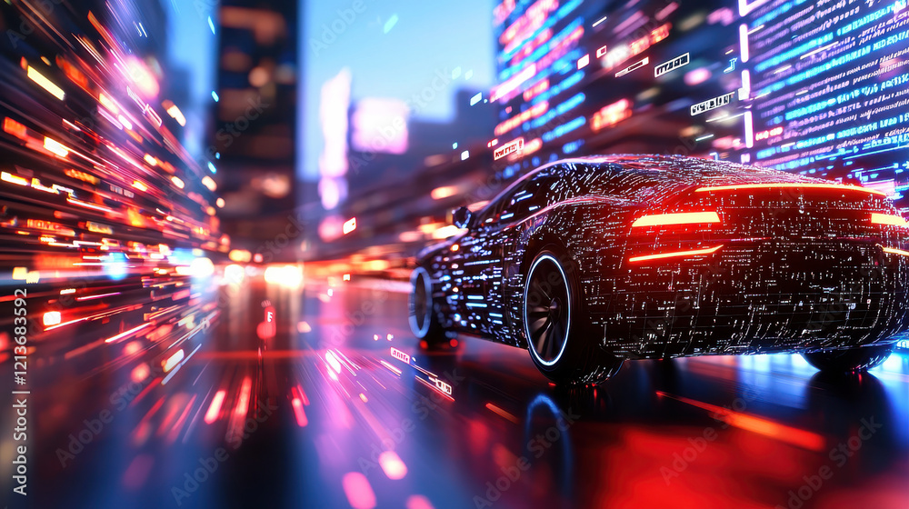 Poster futuristic autonomous car in vibrant cityscape, showcasing dynamic lights and digital elements, evok