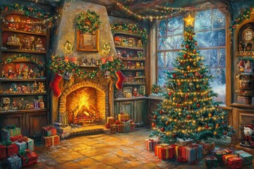 Fototapeta premium Warm holiday celebration in a cozy room filled with a beautifully decorated Christmas tree and glowing fireplace