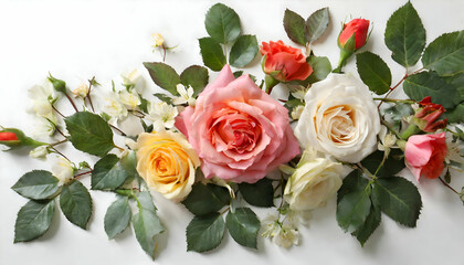 rose flowers and leaves on white background. botanical, leaf, nature