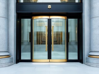 Wide double doors made of frosted glass and gold handles, set in the luxurious facade of a bank