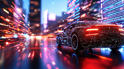 futuristic autonomous car in vibrant cityscape, showcasing dynamic lights and digital elements, evokes sense of speed and innovation