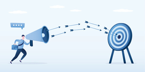 Businessman marketer talk on megaphone and hit target bullseye. Marketing management, public relations. Manager run with loudspeaker and make announcements,