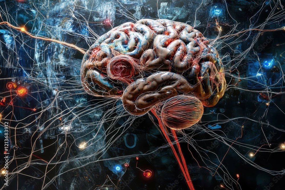 Poster intricate representation of a human brain with neural connections and digital elements illustrating 
