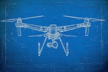 Detailed blueprint of a modern drone showcasing its design and features in technical illustration style