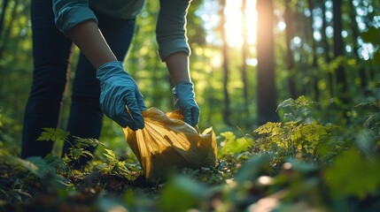 Volunteer picking up trash in forest wearing gloves at sunset