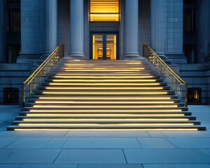 Evening shot of a prestigious bank entrance with illuminated steps and goldtrimmed signage