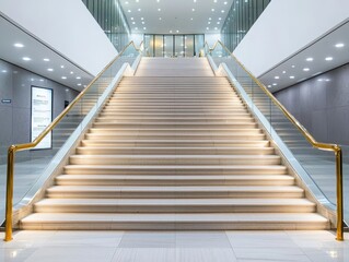 Grand staircase leading to the bank entrance, with polished brass railings and cascading water features