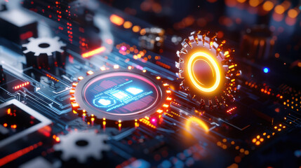 cinematic close up of futuristic digital dashboard featuring glowing elements, intricate circuits, and vibrant colors, showcasing advanced technology and innovation