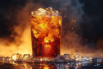 Iced cola in glass with fire and ice background