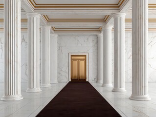 Bank building with an opulent entrance framed by oversized marble columns and velvet carpeting