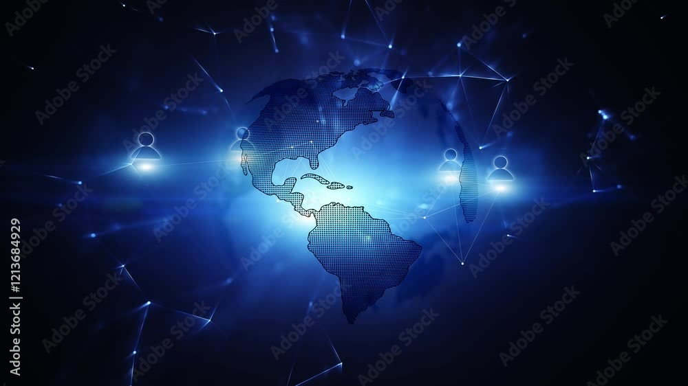 Poster people icons and earth globe on dark blue digital cyberspace loop background. concept artificial int