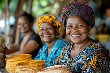 Fototapeta na wymiar Smiling african craftswomen showing handmade wicker baskets