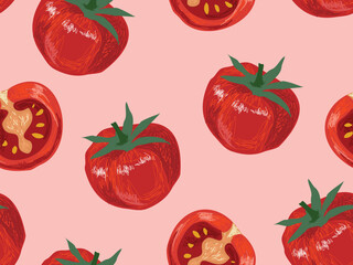 Tomato seamless pattern. Food background, outline vegetable background with hand drawn vector illustration