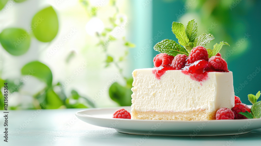 Poster creamy cheesecake slice topped with fresh raspberries and mint leaves, served on plate. vibrant colo
