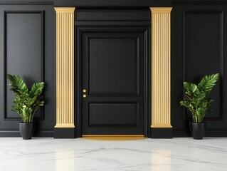 Luxurious entrance to a bank, with a black and gold motif and a glowing chandelier above