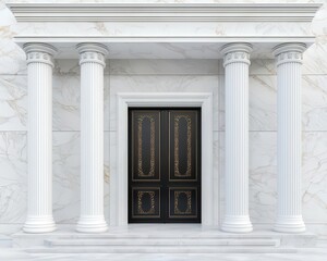 Luxury bank exterior featuring polished marble columns and intricate bronze gates at the entrance