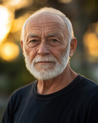 Elderly Man with Intense Gaze in Outdoor Setting
