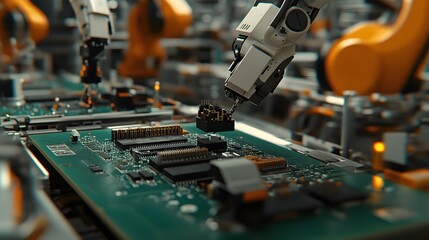 Robotic Arm Assembling Circuit Board Components In Factory