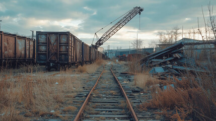 Fototapeta premium Abandoned Industrial Train Yard with Rusted Freight Cars Under Cloudy Sky