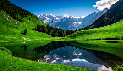 Fototapeta premium Pristine Natural Beauty of Snow-Capped Peaks, Dense Forests, and Reflective Alpine Waters