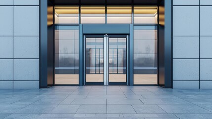 Hightech bank building entrance with automated sliding doors and reflective glass walls
