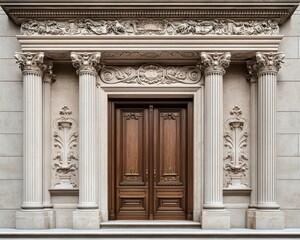 Fototapeta premium Ornate double doors of a luxury bank, surrounded by artistic carvings and polished stone