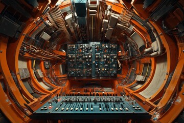 Obraz premium Futuristic control room with intricate wiring and complex machinery in a spacecraft setting