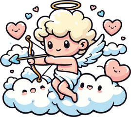 Cute cupid holding a bow and arrow, with clouds and heart. Happy Valentine's Day.