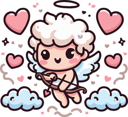 Cute cupid holding a bow and arrow, with clouds and heart. Happy Valentine's Day.