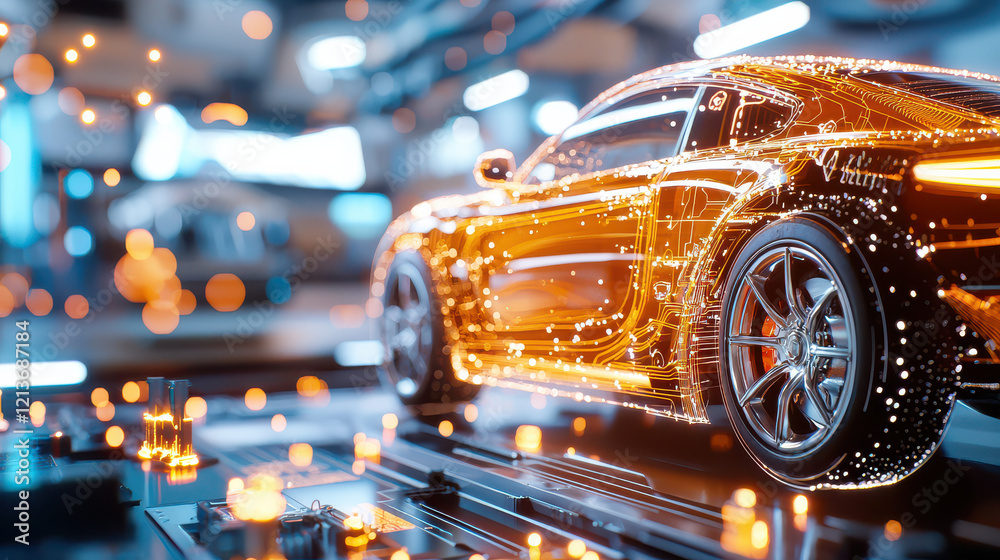Poster close up of digital automotive design interface showcasing futuristic car with glowing elements and 