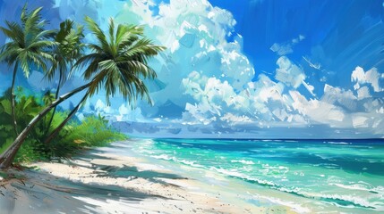 Serene Beach Scene in Florida with Palm Trees and White Sand