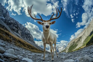 Obraz premium Majestic white reindeer stands on a rocky path under a vibrant sky in the mountains during daylight