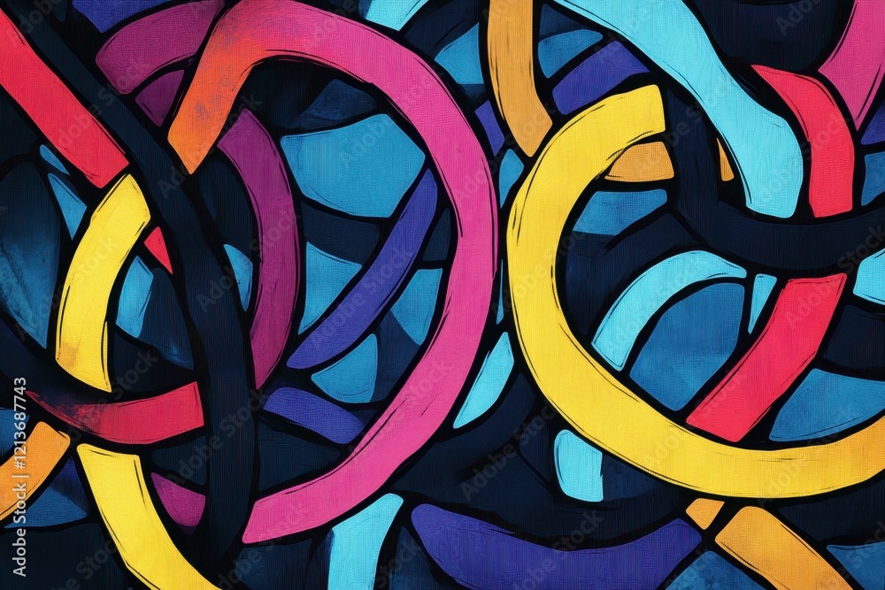 Poster abstract design featuring colorful loops and intertwining lines in vibrant shades on a dark backgrou