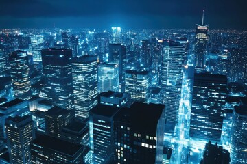 Naklejka premium City skyline illuminated at night with glowing buildings and vibrant lights creating a lively urban atmosphere