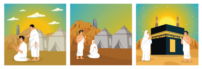 Obraz premium PrintA Muslim shave or trim hair. Pilgrims Pray on the hill of arafah. Men and Women Hajj wearing ihram clothes near the Kaaba. Set flat vector modern illustration