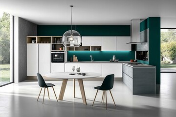 Modern Kitchen Design with Teal Accents and White Cabinets