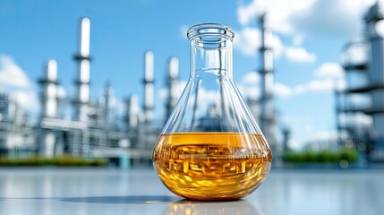 Chemical experiment in industrial laboratory glass flask with orange liquid scientific research urban environment close-up view