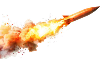 A missile rocket with fire trail isolated on transparent white background, clipping path