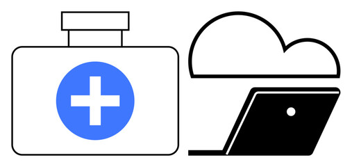 Medical first aid kit with blue cross alongside a cloud and laptop illustration. Ideal for health tech, medical data, emergency response, telemedicine, digital healthcare, online consultations, cloud