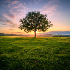 Naklejka premium A tranquil meadow with a solitary tree and vibrant morning light ultra HD