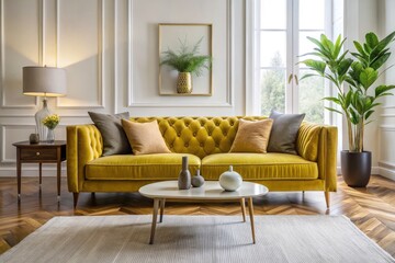 Fototapeta premium Luxurious Mustard Yellow Velvet Sofa: Interior Design Inspiration, Living Room Decor, Home Furniture