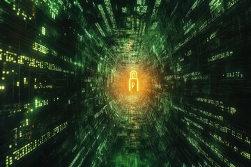 Visual representation of digital security and encryption in a futuristic environment