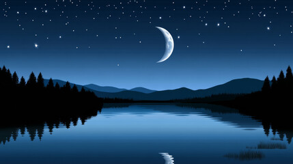 Fototapeta premium Night sky with crescent moon over calm lake reflection