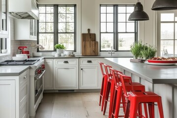 Fototapeta premium Bright Kitchen With Island And Red Stools