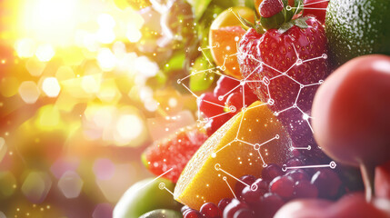 Fresh fruits with molecular structures illustrating functional food benefits, showcasing vibrant colors and health aspects in sunny atmosphere