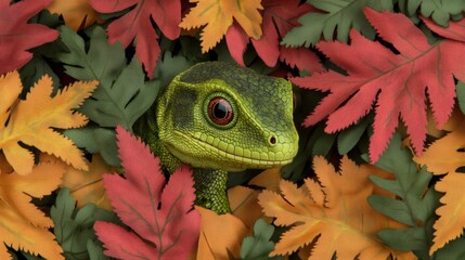 Green Gecko in Autumn Leaves: A vibrant green gecko peeks out from a bed of colorful autumn leaves, its bright red eye catching the viewer's gaze.