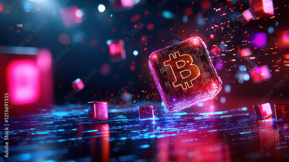 Poster conceptual image of cryptocurrency symbol emerging from digital background, showcasing vibrant color