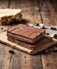 Close-up of whey protein powder and chocolate protein bar on rustic wooden background, bodybuilding, gym, nutrition