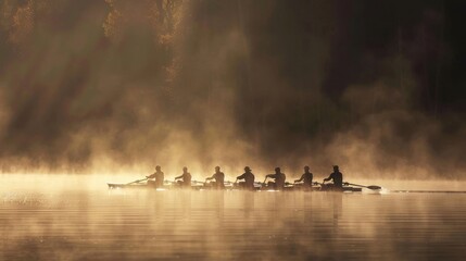 Rowers Training on a Misty Lake During Early Morning Hours