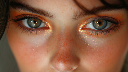Fototapeta premium Close-up of model with bold orange eye makeup and freckles